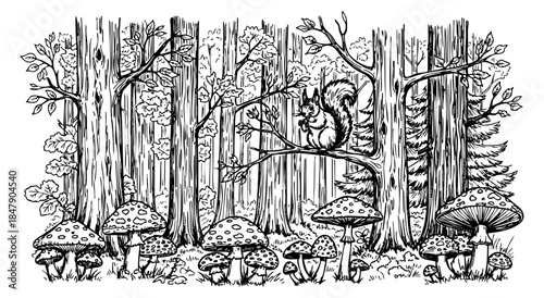 Forest scene set with mushroom, trees and squirrel black and white line art