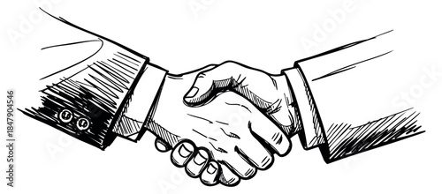 Hand drawn handshake illustration black and white line art