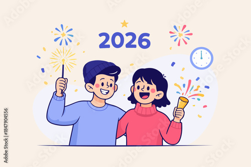 Cute new year 2026 celebration illustration. Happy kids celebrating new year scene. Festive holiday fireworks cartoon design.