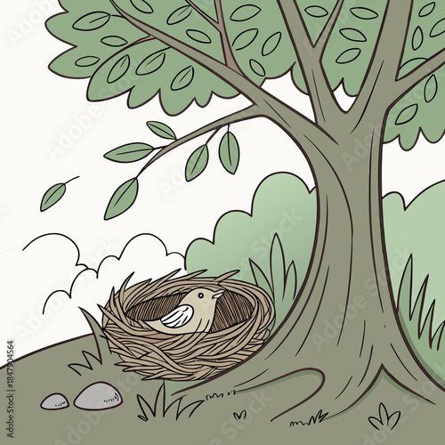 Bird sitting in nest under tree leaves branch