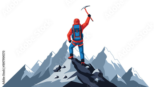 A triumphant mountaineer stands atop a rugged peak, raising an ice axe in a gesture of accomplishment and celebrating a successful climb.