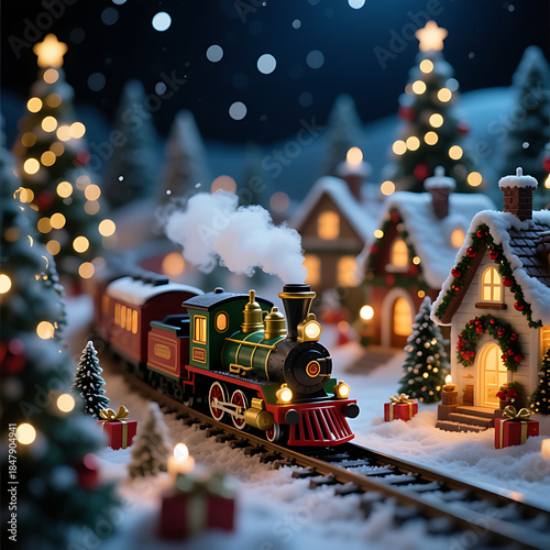 Magical Miniature Christmas Village at Night with a Steam Train on Snowy Tracks, Festive Holiday Lights

