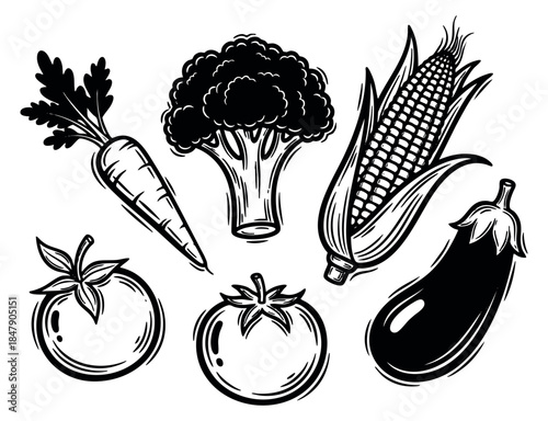 Vegetable icon set with carrot, broccoli, corn, tomato and eggplant black and white line art