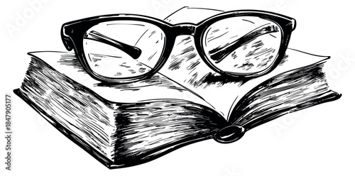 Vintage book and glasses illustration hand drawn sketch