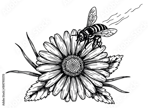 Daisy flower with bee hand drawn outline illustration