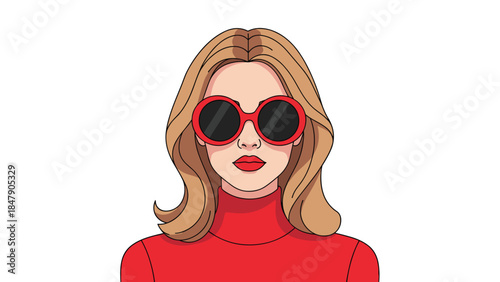 Stylish woman with blonde hair and oversized sunglasses poses in a vibrant red turtleneck, exuding confidence and modern fashion.