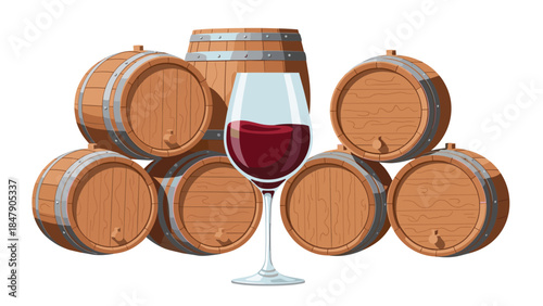 A collection of wooden wine barrels surrounds a glass of red wine, suggesting a vineyard or cellar setting.