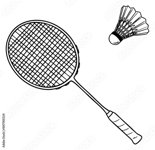 Badminton racket and shuttlecock set black and white line art