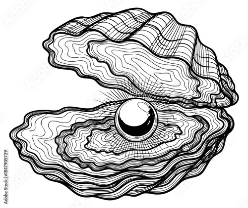 Detailed oyster with pearl black and white line art