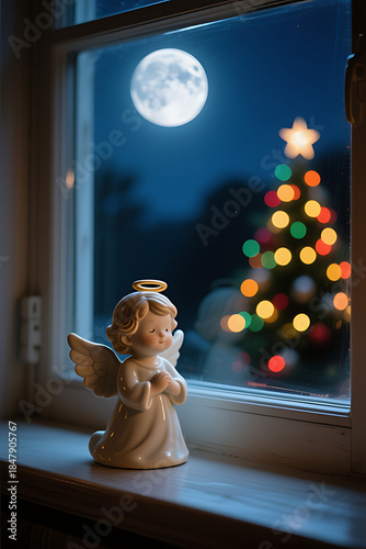 Peaceful Angel Figurine on a Windowsill Under a Full Moon, Gazing at a Blurred Christmas Tree, Spiritual Holiday Serenity

