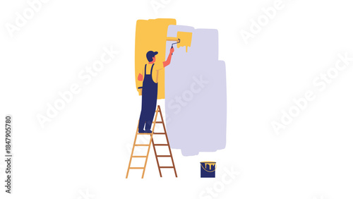 A painter on a ladder is diligently applying a fresh coat of light blue paint to a wall, transforming the space with color.