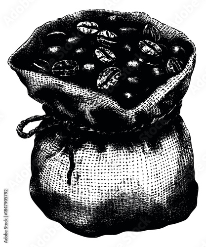 Vintage coffee bean sack with burlap texture black and white line art
