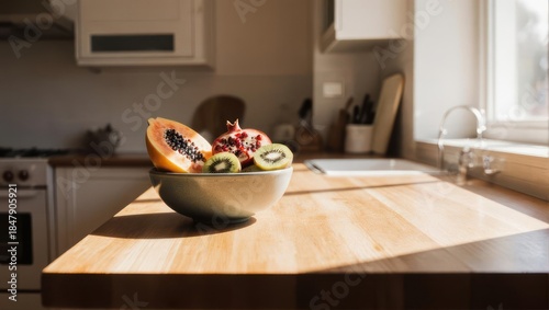 Bowl of fresh fruit sits on wooden countertop in a bright kitchen setting