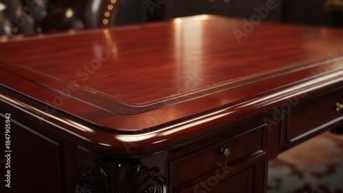 Close-up of a polished wooden desk with leather inlay, showcasing intricate details and warm lighting