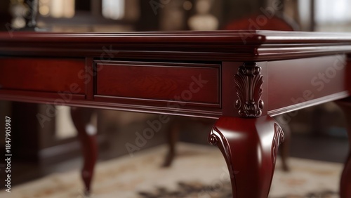 Close-up of a richly stained wooden table with ornate legs and drawers, showcasing craftsmanship
