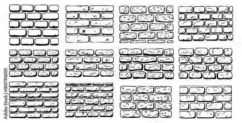Hand drawn brick wall patterns collection with various stone shapes and textures