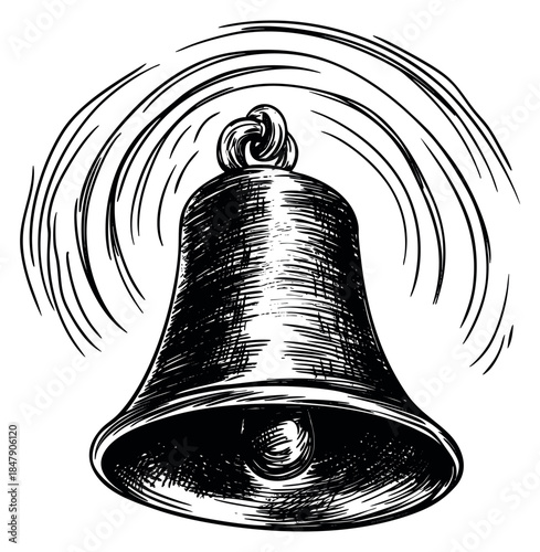 Vintage bell illustration with ringing motion hand drawn outline illustration