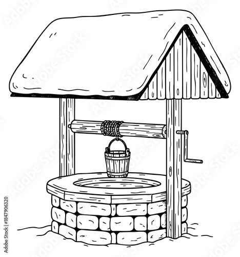 Vintage water well icon set with bucket and crank hand drawn outline illustration