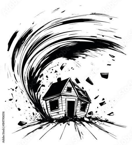 Dynamic tornado with house destruction black and white line art