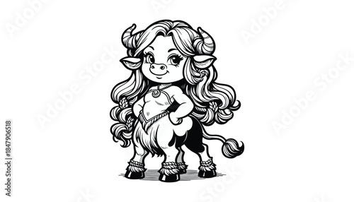 Vector illustration of cartoon Minotaur black and white drawing For children to learn to color according to the picture.
