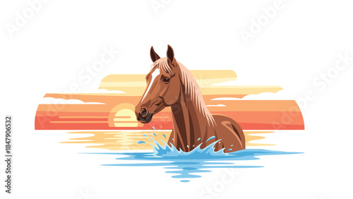 Majestic brown horse emerges from tranquil water at sunset, creating a serene and captivating scene of natural beauty.