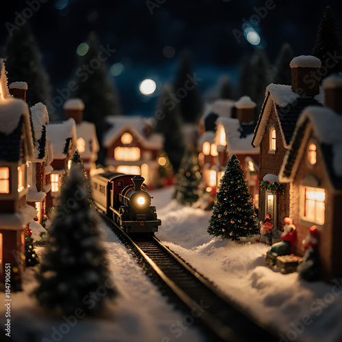 Magical Miniature Christmas Village at Night with a Steam Train on Snowy Tracks, Festive Holiday Lights


