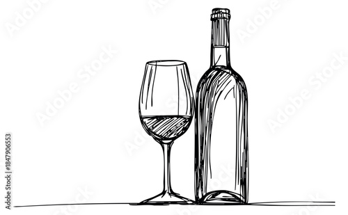 Hand drawn wine bottle and glass illustration