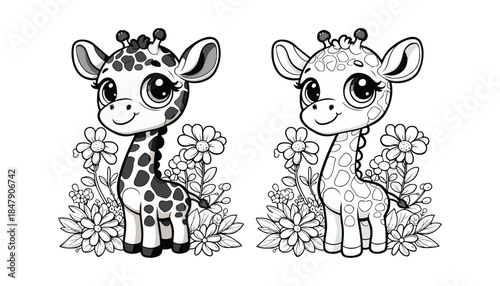 Vector illustration of cartoon Giraffe black and white drawing For children to learn to color according to the picture.
