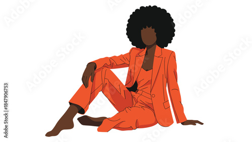 Stylish woman with afro hair confidently poses in a vibrant orange suit, showcasing modern fashion and empowerment.