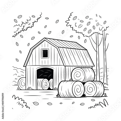 Rustic barn surrounded by hay bales and trees in autumn