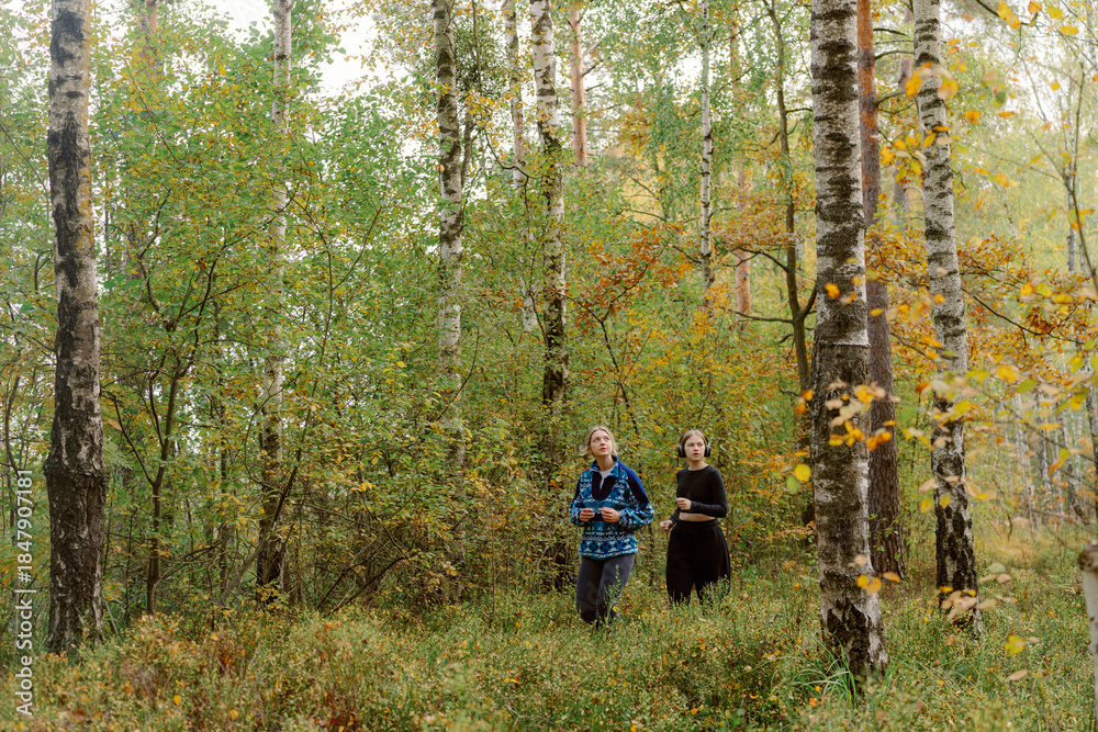 Obraz premium Two women stroll through a vibrant forest in autumn, surrounded by colorful foliage. The serene atmosphere invites them to connect with nature and each other as they explore.