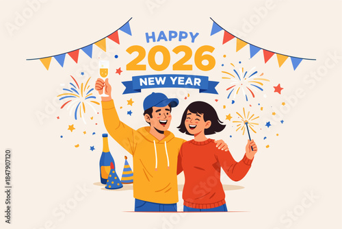 Happy New Year 2026 celebration illustration. Couple celebrating new year festive scene. Holiday fireworks party cartoon design.