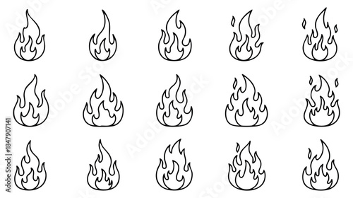 Simple fire icon set with flame variations black and white line art