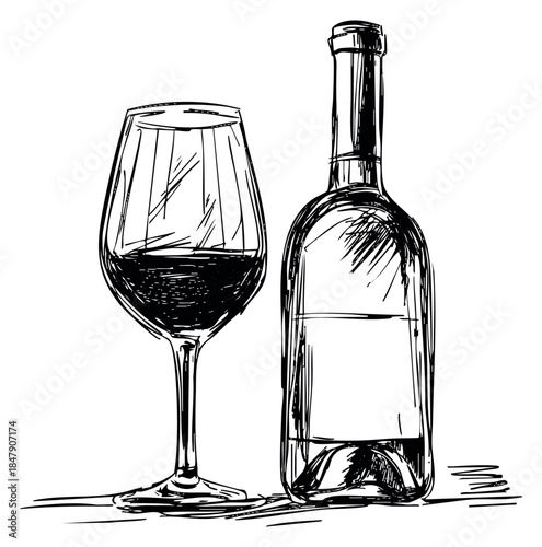 Wine bottle and glass set with red wine hand drawn sketch