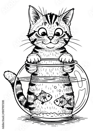 Cute cat and fishbowl illustration hand drawn outline illustration