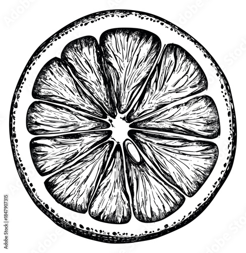 Vintage citrus fruit slice illustration black and white line art
