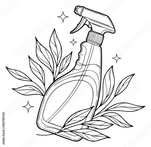 Cleaning spray bottle icon set with leaves and sparkles hand drawn outline illustration