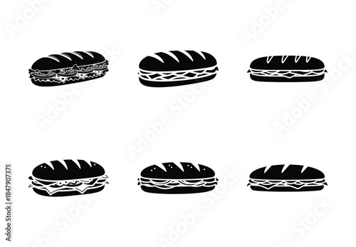 set of food sub sandwich silhouette icon vector illustration isolated on white background