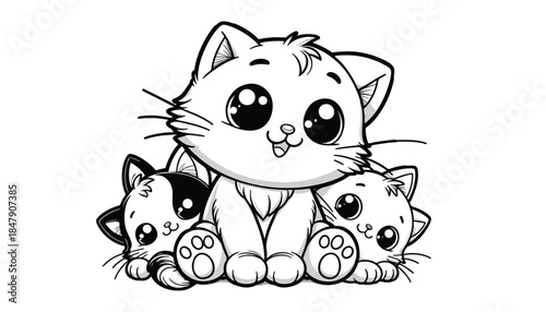 Vector illustration of cartoon cute cat black and white drawing For children to learn to color according to the picture.
