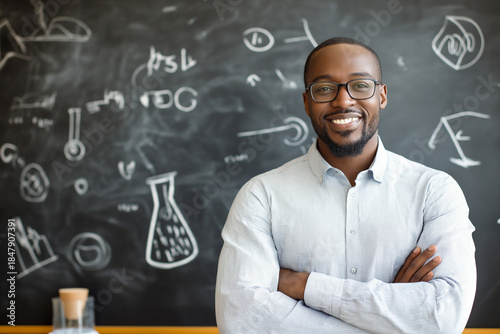 Black male teacher smiling with arms crossed in front of chalkboard  