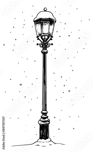 Vintage street lamp with snow hand drawn sketch