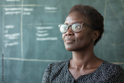 Black woman with glasses looking thoughtfully in classroom setting  