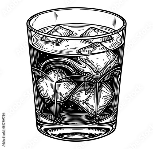 Glass of ice cubes in vintage line art style