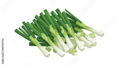 A vibrant collection of fresh green onions is artfully arranged, showcasing their slender stalks and delicate white bulbs, perfect for culinary use.