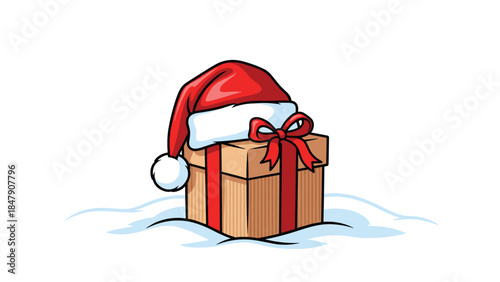 Festive gift box wearing a santa hat sits on a snowy surface, representing holiday cheer and the spirit of giving during christmas time.