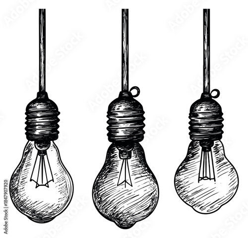 Vintage light bulb set with hanging cords hand drawn sketch