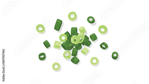 Freshly chopped green onions are scattered artfully, showcasing their vibrant color and culinary versatility for various dishes.