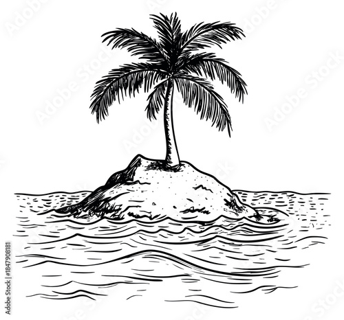 Simple island with palm tree and ocean waves black and white line art