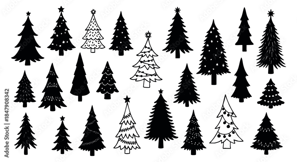 Obraz premium Simple christmas tree icon set with stars and garlands black and white silhouette
