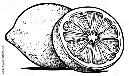 Lemon fruit set with whole and half slice hand drawn outline illustration